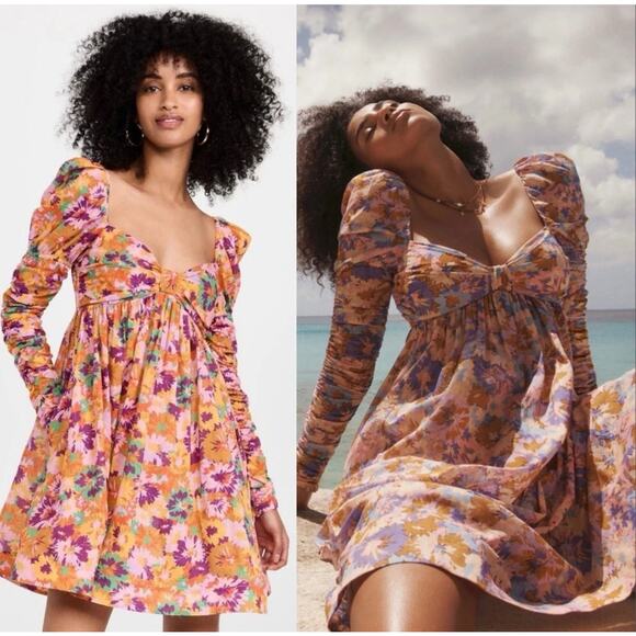 Zimmermann Violet Twist Front Mini Dress Mustard Multi Floral Orange Sz 4 - Picture 2 of 16